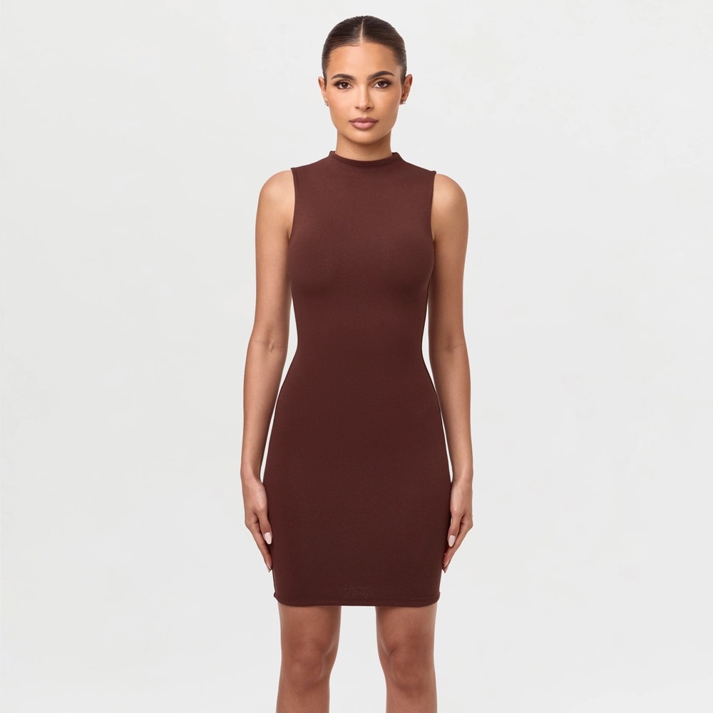 Naked Wardrobe Brown Mock Neck Mini Dress